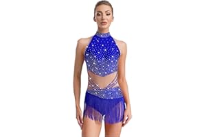 Oyolan Femme Justaucorps Gymnastique Patinage Artistique Combinaison Danse Latine Frangé Strass Costume