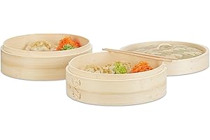 Relaxdays 10022165 Vapeur en Bambou 24 cm, Panier de Cuisson de 3 pièces, cuiseur de Riz Couvercle, Nature, Naturel, 15,5 x 24 x 24 cm