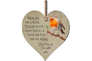 Gigglewick Gifts Handmade Wooden Hanging Heart Plaque When You See A Robin Flying From Above Know That It's A Loved One