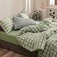 Michorinee Green Grid Duvet Cover Set Single Bed Reversible Microfiber Green White Checked Plaid Pattern Bedding Set Quilt Cover with Pillowcase Zipper Closure 2 Pcs