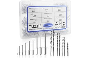 TUZHE Set di 480 rivetti ciechi in alluminio/acciaio, assortimento nelle dimensioni 2,4 mm, 3,2 mm, 4,0 mm e 4,8 mm, con 8 punte HSS per il collegamento di materiali sottili per rivetti macchine