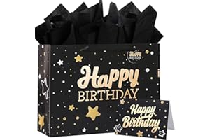 RONGZUBAT Geschenktasche groß 33 cm x 12 cm x 26 cm, luxuriöse Geschenktüte in Schwarz und Gold mit Grußkarte und Seidenpapier, Partytüten für Geschenke, große Geburtstagsgeschenktasche für Sie, Frauen, Männer