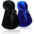 YQbest Velvet Men Durags Premium Soft Durag Headwraps with Extra Long Tail and Wide Straps Black and Blue Perfect for 360 Waves-2 Pieces