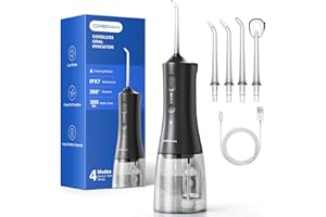 Operan Water Dental Flosser for Teeth Cordless, 300ML Rechargeable Oral Irrigator with 4 Modes, Water Flossers for Adults, IPX7 Waterproof, Use at Home/Travel, Black，1 Pack + 4 Nozzles