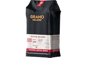 Grano Milano Coffee Beans 1kg House Blend Arabica and Robusta, Dark Roast Intensity 3/5 Strong Coffee, Made in Italy, Pack of 1