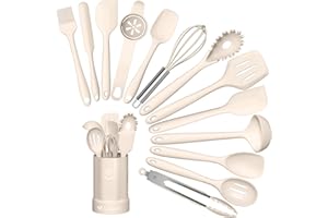 TERLULU Set di utensili da cucina, 14 pezzi, in silicone, resistenti al calore, con porta utensili, set di utensili da cucina, lavabili in lavastoviglie, colore: kaki