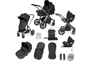 Ickle Bubba Stomp Luxe 12 pièces Poussette, siège auto i-Size Cirrus et base ISOFIX – Tout-terrain, poussette, nacelle, chauffe-pieds et habillage pluie, de la naissance à 4 ans* (Bronze/minuit/noir)