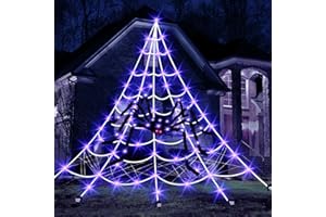 23GUANYI Spider Web Decoration, Halloween Decorations Outdoor 19 * 23FT Spider Web 1.2m Big Black Spider, 270 Purple LEDs And 8 Light Modes, Giant Spider Halloween Decorations