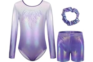 Boteria Gymnastics Leotards for Girls with Shorts Set,Long Sleeveless Dance Leotard Sparkle Dancewear for Kids 3-13 Years