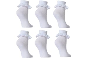 HARI DEALS 6 Pairs Girls School Plain Rich Frilly Lace Top Cotton Socks