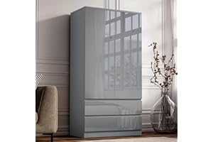 Blisswood High Gloss Wardrobe with 2 Drawers – Grey 2 Door Wooden Bedroom Wardrobe with Hanging Rail | Modern Double Clothes Organiser Cupboard Unit for Bedroom Furniture