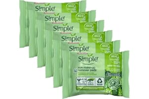 Simple Kind to Skin Eye Make-Up Remover Pads, 6x30 Pads - Gentle, Alcohol-Free, Non-Irritating, Hydrating, Hypoallergenic, Safe for Sensitive Eyes and Contact Lens Wearers