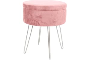 Harbour Housewares Velvet Round Foot Stool with Storage - Pink with Silver Legs - Modern Dressing Table Pouffe Footstool Vanity Seats Vanity Chairs Footstools for Living Room, Bedroom