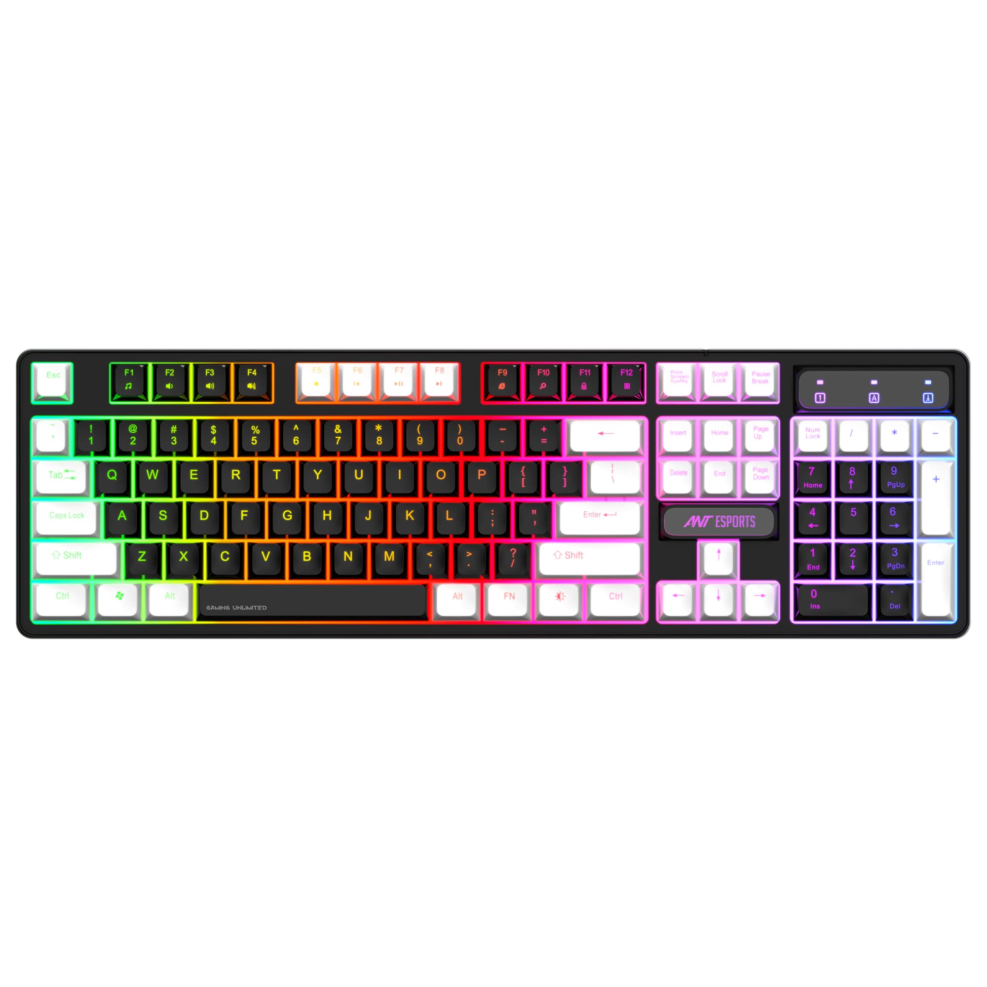 Ant Esports MK1400 Pro Backlit Membrane Wired Gaming Keyboard with Mixed Colour Lighting, White & Black Keycaps, Double Injec
