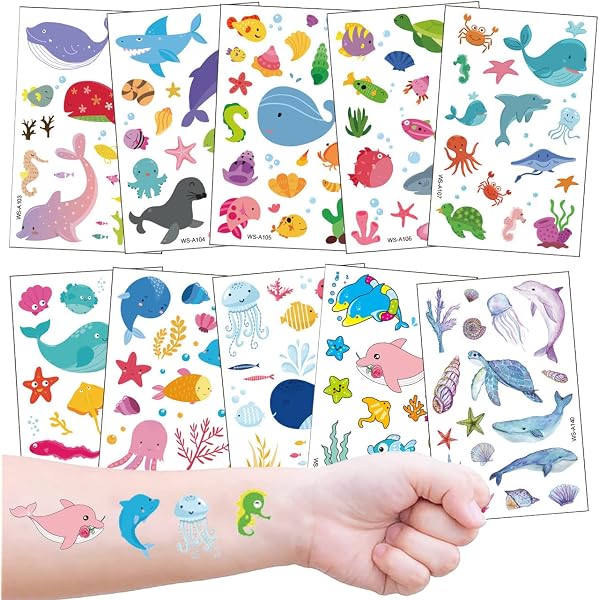 Tatouages éphémères Animaux Marins - 12 Feuilles - Dauphin, Requin, Poulpe - Pour Enfants