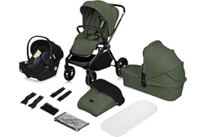 LIONELO MIKA PLUS 3in1 Passeggino Trio per Neonati e Bambini 0-48 Mesi Fino a 22kg, Navicella Fino a 9kg, Seggiolino Auto Ovetto 13kg, Schienale Regolabile, Sospensioni, Ruote 360°, Cappottina XXL