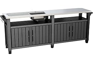 Keter BBQ Side Table Unity Chef Black with Large Stainless Steel Worktop and Sink, 237 x 513 x 89.4 cm, Perfect for Spring Grilling