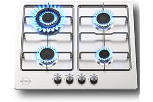 HOBSIR HOB Gas Hob 4 Burners Hobsir Built-in Gas Cooktop with with Flame Failure Protection 60cm Stainless Steel LPG/NG Convertible Included Plug