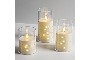 DA BY Bougies LED, Ivoire， bougies à piles, avec guirlande lumineuse intégrée, 3 bougies sans flamme, fonction minuterie de 24 heures (piles non incluses)