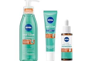 NIVEA Derma Skin Clear Skincare Kit Anti-Imperfezioni con Gel Detergente Viso 150 ml, Peeling Notte Esfoliante 40 ml e Siero Viso Perfezionante & Riequilibrante 30 ml per pelli miste e grasse
