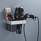 HANFU Porta Asciugacapelli da Parete, Alluminio Supporto per Asciugacapelli Senza Trapano con ABS Rack di Stoccaggio e Portac