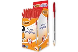 BIC Cristal Original Ballpoint Pens, Medium Point (1.0mm), Every-Day Writing Pens With Clear Barrel, Red, Box Of 50