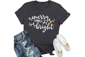Qskall Christmas T Shirts Women Merry and Bright Shirt Christmas Lights Tee Tops