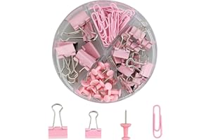 HXMJIED 72Pcs Binder Clips Push Pins Set, Pink 4 in 1 Round Box Clip Stationery Set Including 20 Push Pins, 30 Paper Clips, 15 Small Blinder Clips, 7 Large Blinder Clips, Office Supplies Set Paper Clips