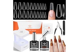 modelones Kit Pose Americaine Ongles, 500 Capsule Americaine Ongle Ballerine, Mini Lampe Uv und Colle Faux Ongles 4 in 1 und Primer Gel, Kit Faux Ongles Long, Kit Manucure Cadeau de Saint Valentin