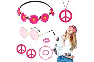 DAZZROI 7Pcs Hippie Accessories Set for Women, 60s 70s Fancy Dress Costume Accessories with Flower Crown Headband Peace Sign Necklace Sunglasses Earrings Bracelet Ring, Retro Accessory for Party Dress Up