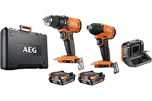 AEG Perceuse percussion compacte, visseuse à chocs, 2 batteries 2,0 Ah, chargeur, coffret, coffret 17 pièces