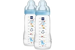 MAM Biberon Easy Active Baby Bottle 330 ml (Set da 2), Kit da 2 biberon MAM per bambini attivi ergonomici e pratici, Accessori neonato 4+ mesi allattamento con tettarella misura 3, Azzurro assortito