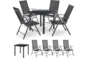 ‎JUSKYS Juskys Milano Aluminium Garden Set 4+1-4 High-Backed Chairs Adjustable & Foldable with Table - Garden Furniture Set 5 Pieces Weatherproof - Grey