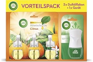 ‎AIR WICK Air Wick Duftölflakon – Duftstecker Starter Set mit 3 Duftflakons – Raumduft & Lufterfrischer – Duft: Citrus – Fruchtig-frischer Raumduft für die Steckdose – 1 x Gerät und 3 x Nachfüller