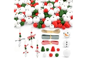 GUKASXI 190Pcs Christmas Snowman Wooden Beads Christmas Winter Wooden Beads Snowman Beads Kit with Hemp Rope for Christmas Tree Decorations DIY Wooden Beads for Crafts