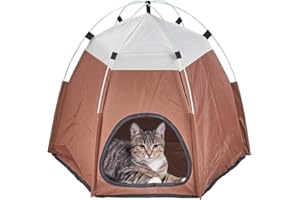 XhuangTech Pet Tent Cave Bed for Cats/Small Dogs, Soft Fabric Portable Foldable Pop Up Cat Tent/Kitten Bed House/Cat Hut Indoor Outdoor Pet Beds (Brown)
