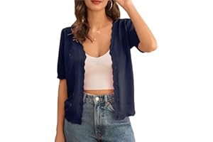 GRACE KARIN Gilet Ajouré à Manches Courtes pour Femme Boléro Uni V-Col Cardigan d'Été Ouverture Bontonnée Haut en Maille Court