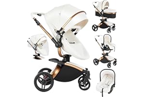 Veitoalioy Cuir PU Poussette 3 en 1, 360°Siège Pivotant Poussette Bebe Pliante, Haute vue Poussette Poussant Avant Et Arrière, Système De Voyage Pour Bébé 0-36 Mois (906 White)