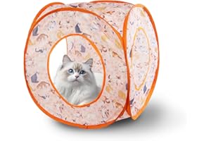 Andiker Cat Pop Up Tent, 3 Holes Safe and Strong Cute Cat Tunnel Collapsible Easy to Carry Cat House for Indoor Cats Kittens Hiding Playing Training (Orange Square)