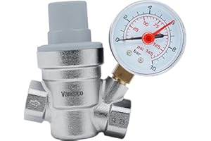 VANCOCO Druckminderer Wasser 1/2 Zoll DN15 mit Manometer, Wasserdruckregler aus Messing, Wasserdruckregler Druckminderventil mit Siebfilter für Boiler, Gärten und Bäder