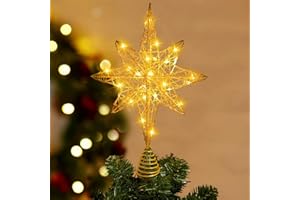 DTYDECLE Christmas Tree Topper Lighted, 13.5’’ Gold Glittered Xmas Hollow Star Treetop Toppers Ornaments with 20 LED Lights for Indoor Christmas Tree New Year Holiday Decorations