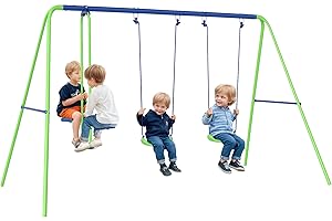 Outsunny Juego de Columpios de Jardín de Metal con Altura Ajustable Columpios para Niños de +3 Años con Columpio Doble Balancín para Patio Terraza 280x140x178 cm Verde
