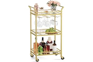 ‎VASAGLE VASAGLE Wózek do serwowania, 3 poziomy, wózek na kółkach, uchwyty, lustrzane półki szklane, do małych pomieszczeń, kuchni, jadalni, baru, kolor złoty LRC091A62