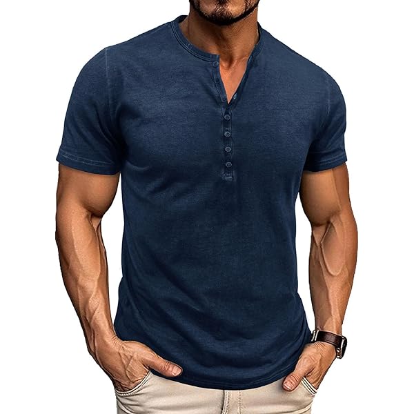 Henley T-shirt à manches courtes vintage pour homme avec cordon de serrage Été Couleur unie Golf Loisirs T-shirt classique respirant léger Coton