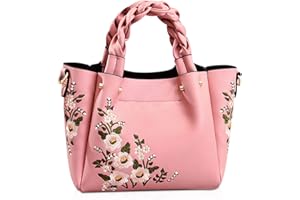 NICOLE & DORIS Women's Embroidered Casual Handbag Tote Bag Faux Leather Shoulder Bag with Braided Handles