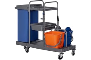 HOMCOM Carrello Pulizie Professionale a 3 Ripiani con Sacco per Immondizia, Ganci per Scopa, Secchio Lavapavimenti con Strizzatore per Mocio e 5 Ruote, per Hotel e Albergo, 111x63.3x103 cm, Grigio