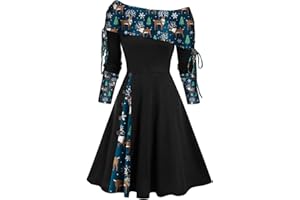 JKJFJKA Weihnachten Schulterfrei Kleider für Damen Vintage Druck Patchwork A-Linie Kleid Lässig Locker Fließend Swing Cocktail Party Abschlussball Kleider Weihnachten Maxi Kleid für Damen