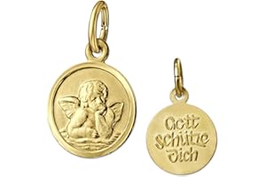CLEVER SCHMUCK Goldener kleiner Kinder Anhänger Engel rund Ø 10 mm matt und Rand glänzend Rückseite seidenmatt mit Gott schütze Dich 333 Gold 8 Karat im Schmucketui