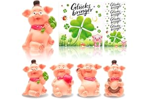 Eyezeeption Glücksschweinchen, 4 Stück Glücksbringer Mini Schwein Glücksschwein mit Glückwunschkarte, Kleine Glücksbringer Weihnachten, Silvester, Neujahr, Prüfung