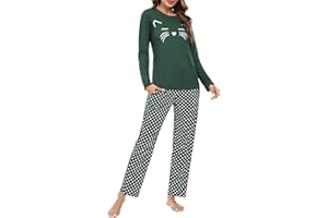 Uniexcosm Pijamas Mujer, Pijamas Mujer Gato Pijamas para Mujer Algodon de Manga Larga Ropa de Casa Dormir Estampado en Cuello Redondo Pijama Mujer 2 Piezas Suave para Casual